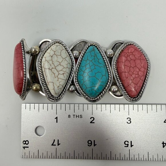 Southwestern Chunky Faux Turquoise Stretch Bracelet Stones Beads Blue Red White - Picture 9 of 9